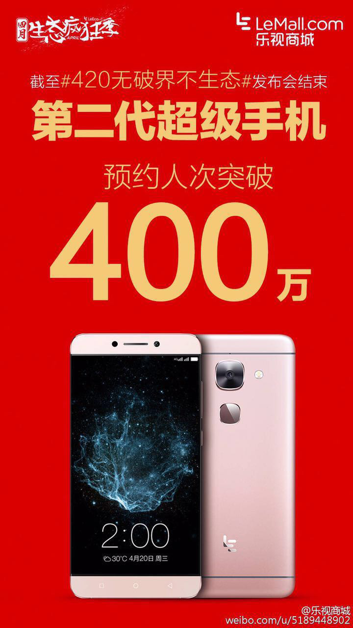 樂(lè)視二代手機(jī)首日預(yù)約量破1000萬(wàn)