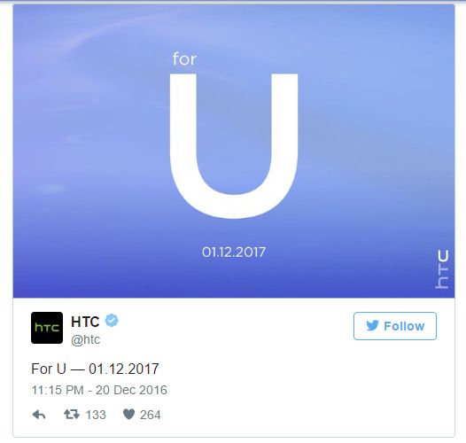HTC今日宣布其旗艦產(chǎn)品“U”預(yù)計1月12日發(fā)布