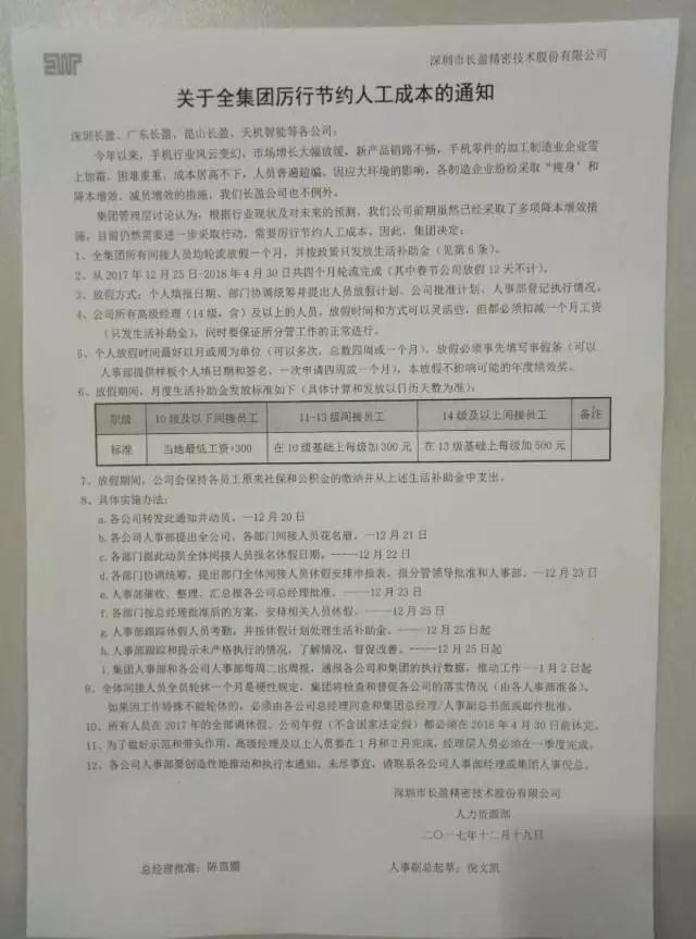 長(zhǎng)盈精密澄清“虧損2億AB客戶出問(wèn)題”不存在，員工輪流休假一月