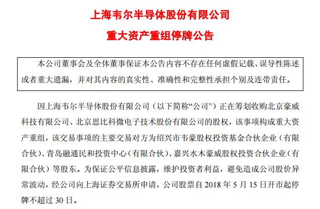 重磅！韋爾股份籌劃收購北京豪威和思比科