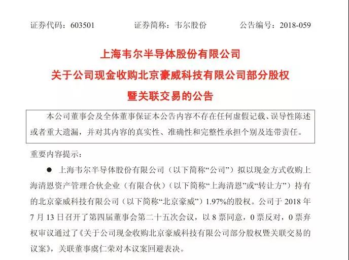韋爾股份擬不超過3億元現(xiàn)金收購北京豪威1.97%的股權(quán)