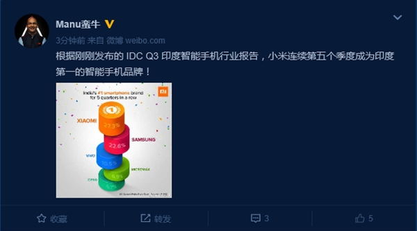 小米高管:小米連續(xù)第五個季度成為印度第一智能手機品牌