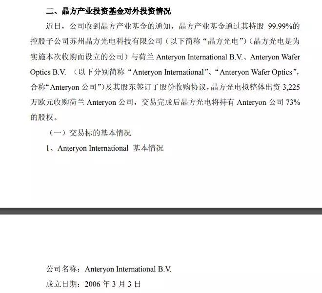 晶方科技:晶方產(chǎn)業(yè)基金擬3225萬歐元收購荷蘭Anteryon公司