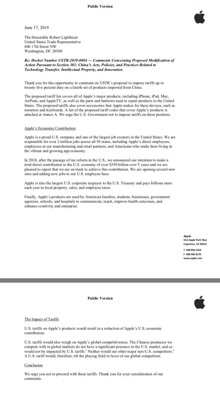 蘋果致信美貿易代表:新關稅將影響iPhone、iPad等所有產品成本