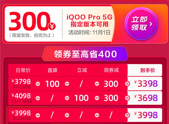 最低售價僅3398元 iQOO Pro 5G版限時優(yōu)惠享不停